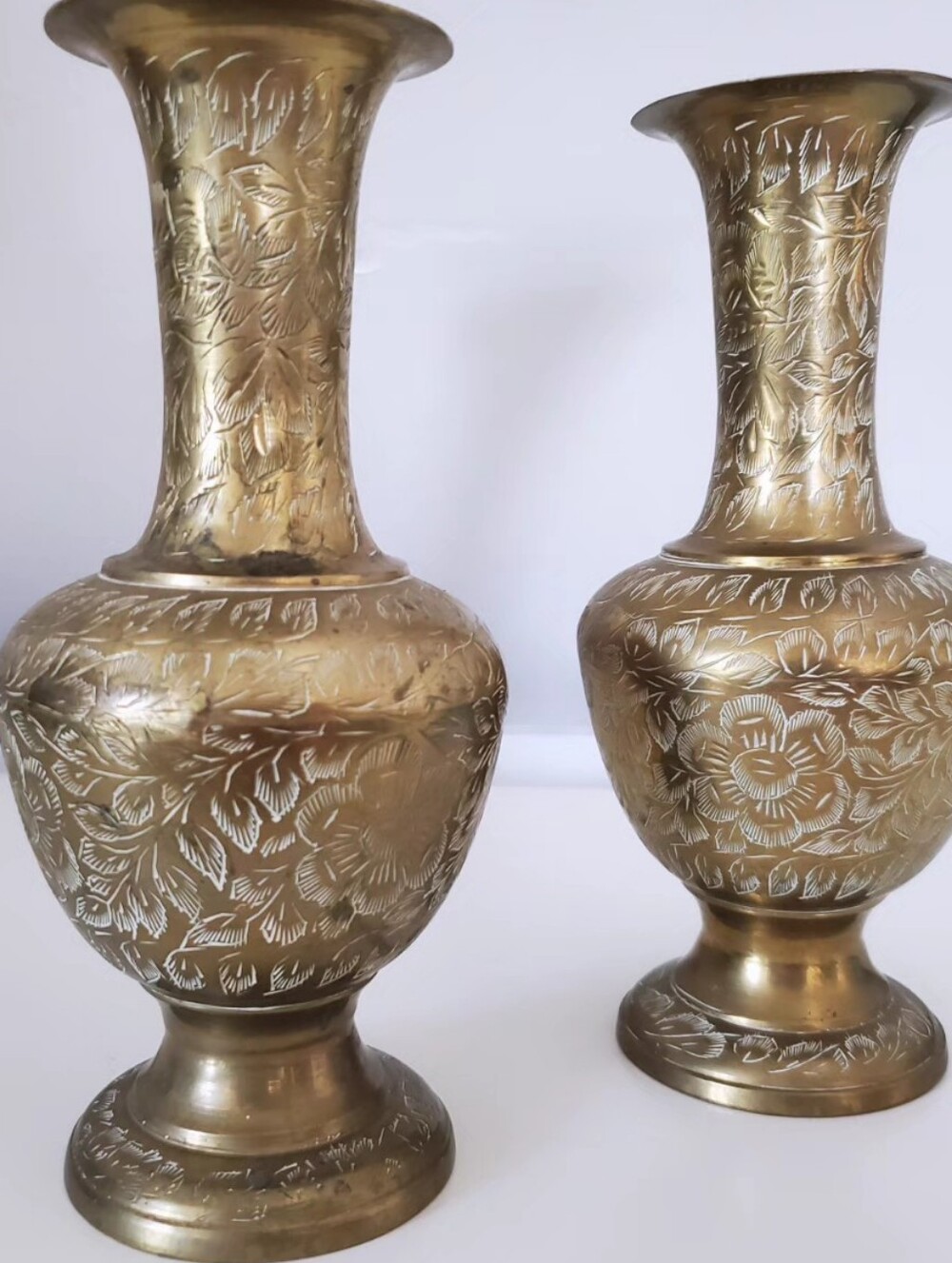 Set of 2 Vintage Indian Brass Vases | 1960s Etched Floral Design